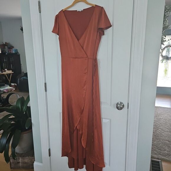 Baltic Born -Krystal Satin Wrap Gown Cinnamon Maxi Dress Size Small Flirty Fall - Picture 5 of 11